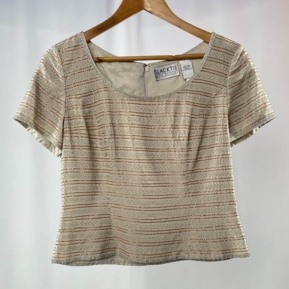 Blacktie‎ Oleg Cassini Silk Beaded Short Sleeve Blouse in Cream Gold Size 8 - Picture 1 of 4